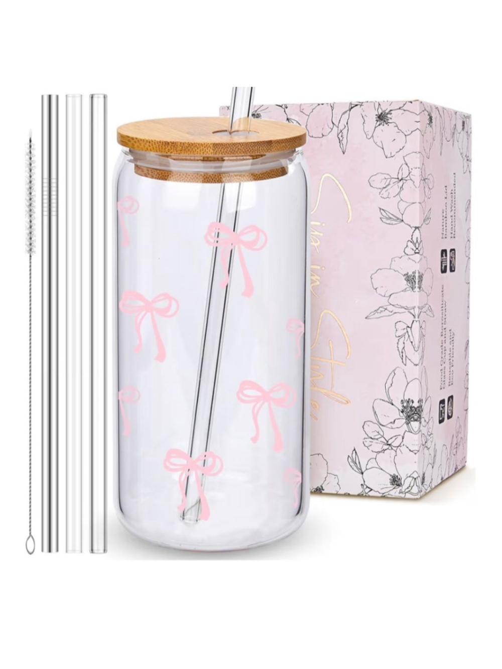 Unbranded Clear Pink Bow Can-Shaped Glass Cup One Size